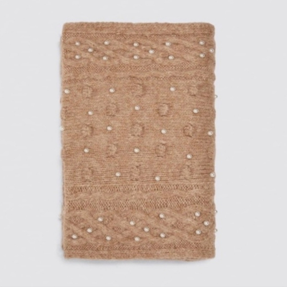Zara Oversized Pearl Embellished Knit Scarf - NEW